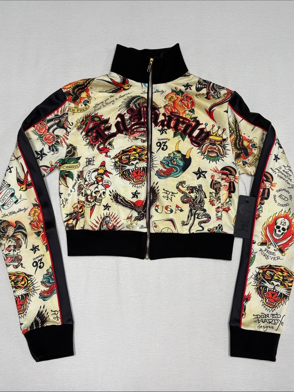 Ed Hardy TATOO-Print Cropped Track Jacket with Embroidery - Y2K